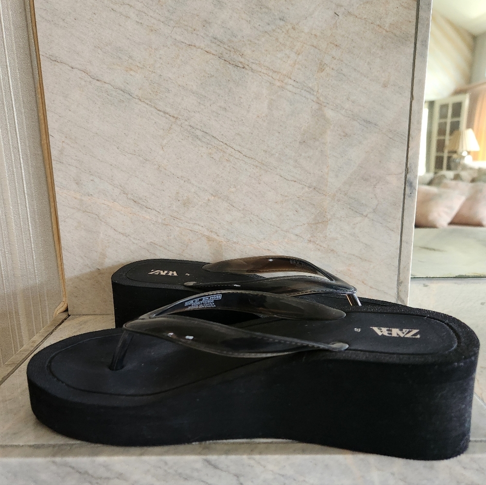ZARA Platform Sandals Flip Flop Wedge Black 37 - Picture 11 of 11